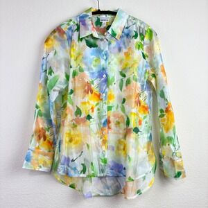 Bailey/44 S Multicolor Floral Watercolor Button Down Blouse Lyocell Semi Sheer
